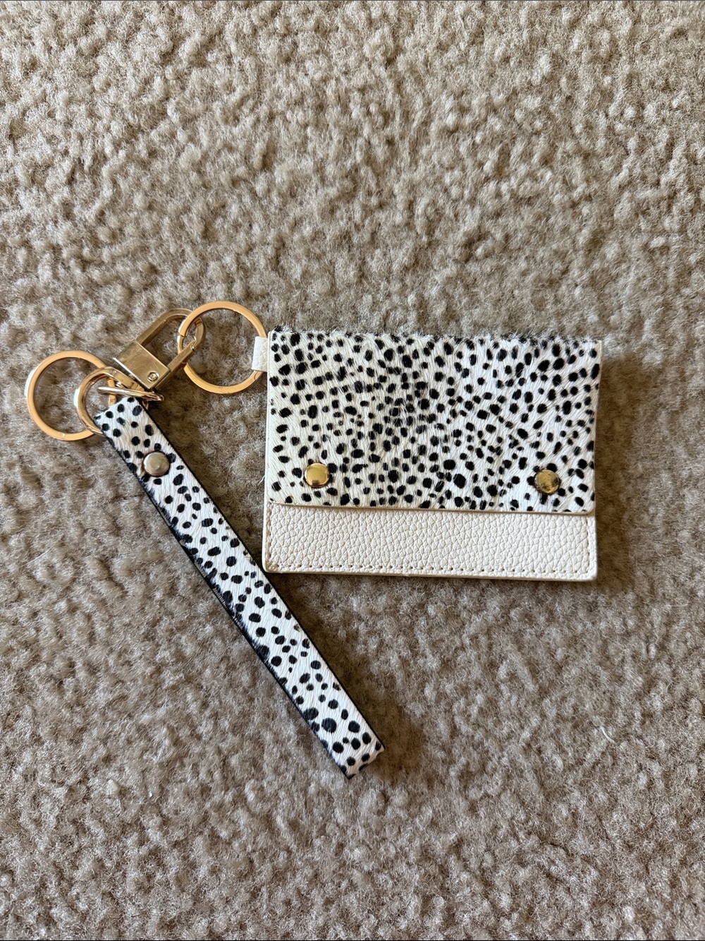 Spotted White & Black Card Holder Keychain with Gold Hardware